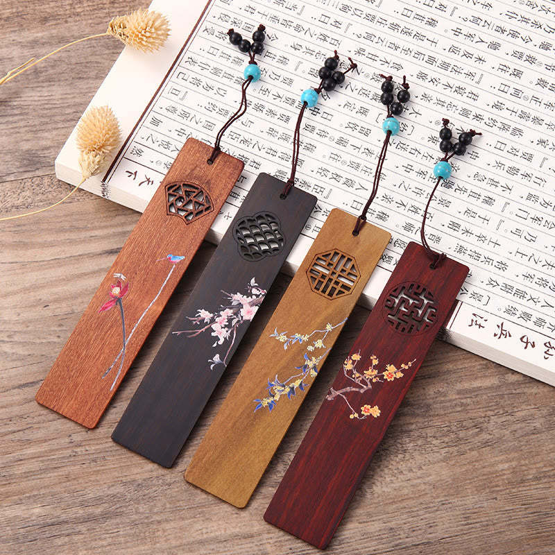 4Pcs Four Seasons Plum Orchid Bamboo Chrysanthemum Peking Opera Mask Wood Bookmarks With Gift Box