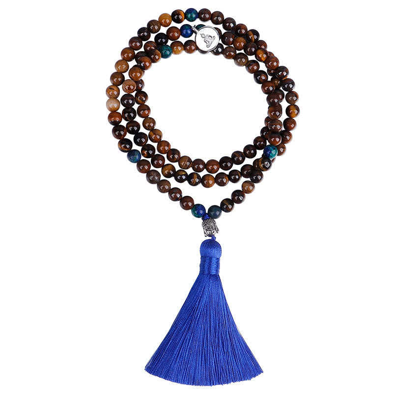 108 Mala Beads Tiger Eye mystic zen Strength Bracelet Tassel Necklace Pendant