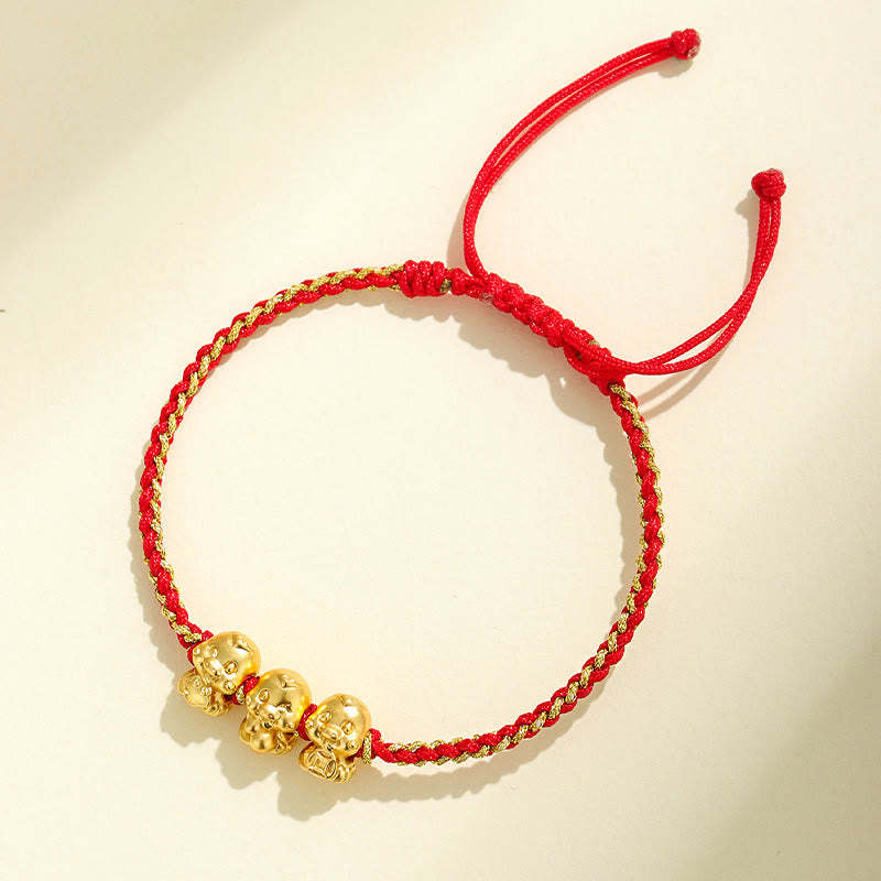 Handmade 999 Sterling Silver Golden Year Of Snake Fu Auspicious Clouds Ingot Copper Coins Red String Fortune Braided Bracelet