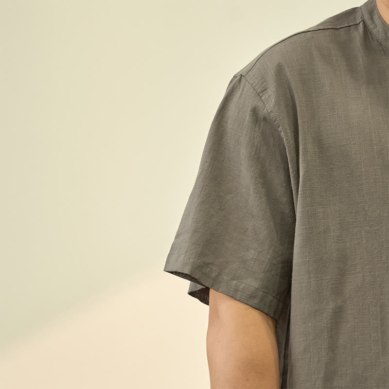 Men's Summer Solid Color Short Sleeve Half Button Cotton Linen Shirt