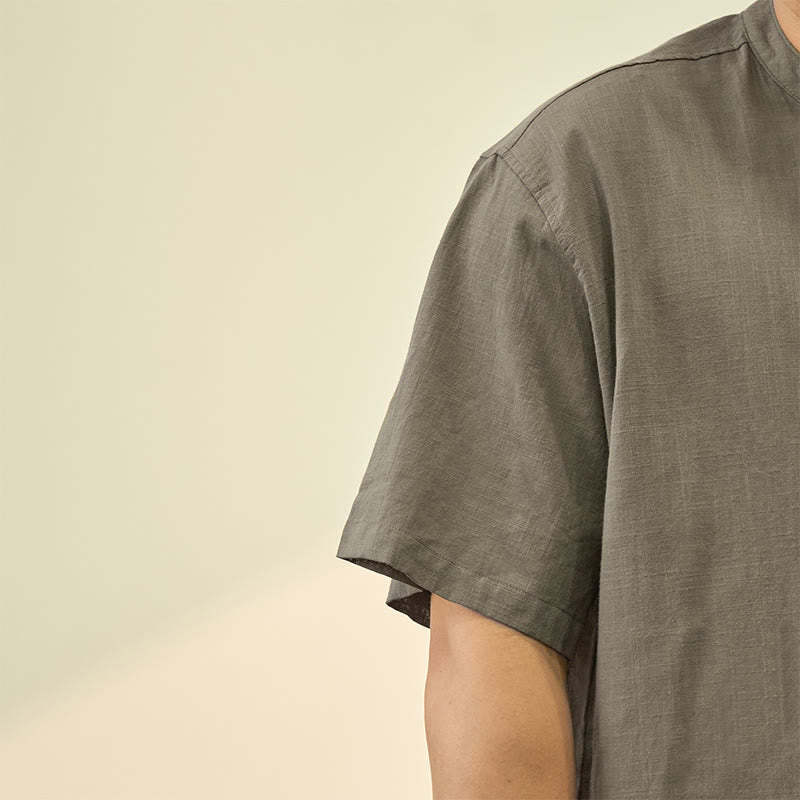 Men's Summer Solid Color Short Sleeve Half Button Cotton Linen Shirt