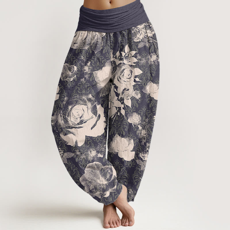 Casual White Roses Women's Elastic Waist Harem Pants