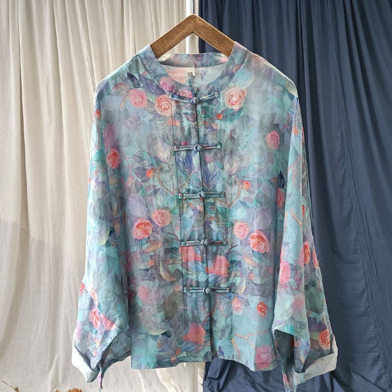 Pink Flowers Green Leaves Print Frog-button Design Long Sleeve Ramie Linen Jacket Shirt