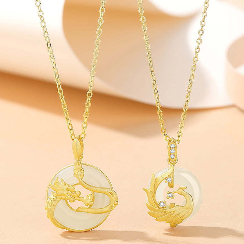 925 Sterling Silver Year of the Dragon Hetian Jade Golden Dragon Phoenix Peace Buckle Luck Necklace Pendant
