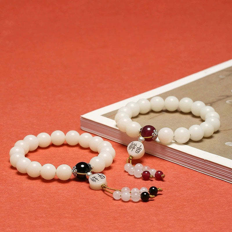 Bodhi Seed Red Agate Black Obsidian Pink Crystal Rutilated Quartz Peace Wrist Mala Bracelet