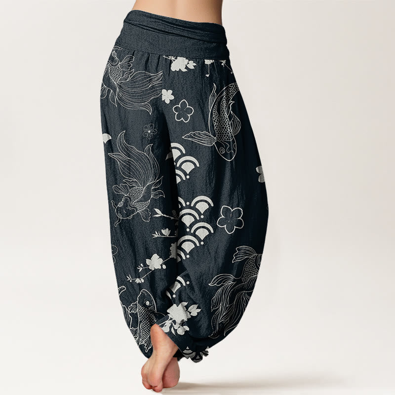 Koi Fish Waves Flowers Design Women's Elastic Waist Harem Pants