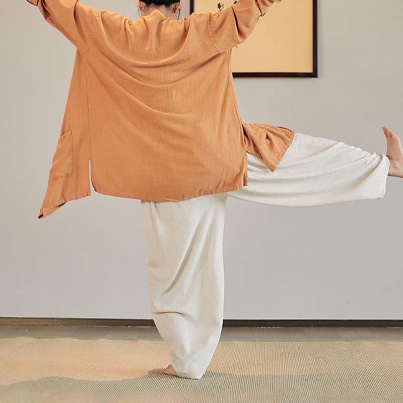 Plain Long Sleeve Coat Jacket Top Wide Leg Pants Zen Tai Chi Yoga Meditation Clothing