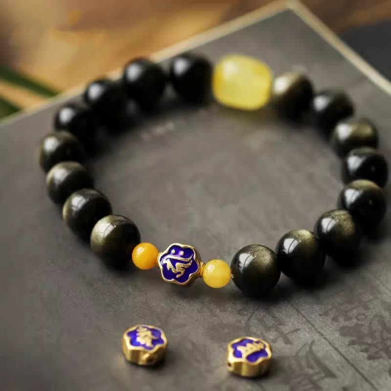 925 Sterling Silver Chinese Zodiac Natal mystic zen Natural Gold Sheen Obsidian Amber Wealth Protection Bracelet