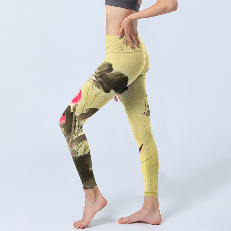 Pink Blooming And Unbloomed Lotus Print Gym Leggings Women's Yoga Pants