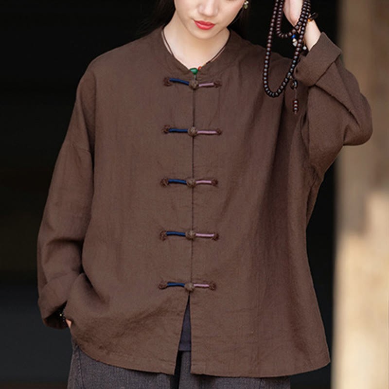Solid Color Two-color Frog-button Long Sleeve Ramie Linen Women's Shirt