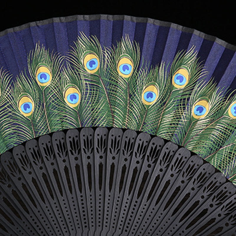 Peacock Feather Handheld Bamboo Folding Fan 21.5cm