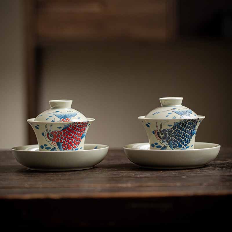 Koi Fish Arowana Ceramic Gaiwan Sancai Teacup Kung Fu Tea Cup With Lid 130ml