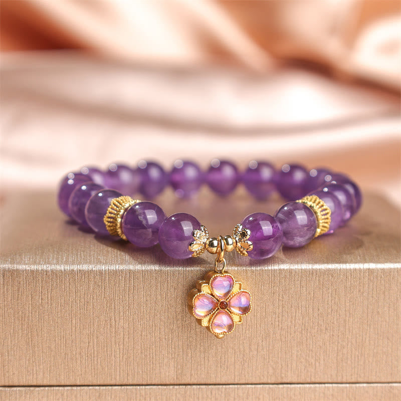 Natural Amethyst Four Leaf Clover Charm Communication Bracelet