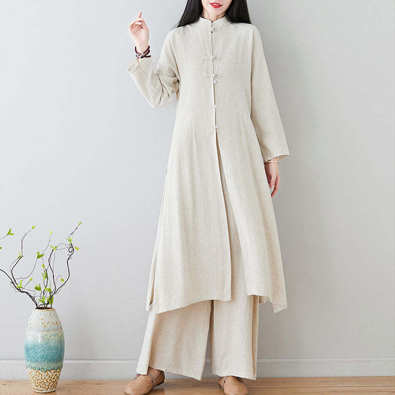 2Pcs Chinese Frog Button Design Zen Tai Chi Meditation Clothing Cotton Linen Top Pants Women's Set