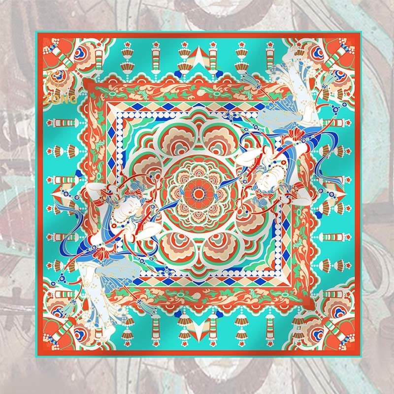 Dunhuang Musician Playing Frescoes 100% Mulberry Silk Scarf Premium Grade 6A Dunhuang Silk Shawl