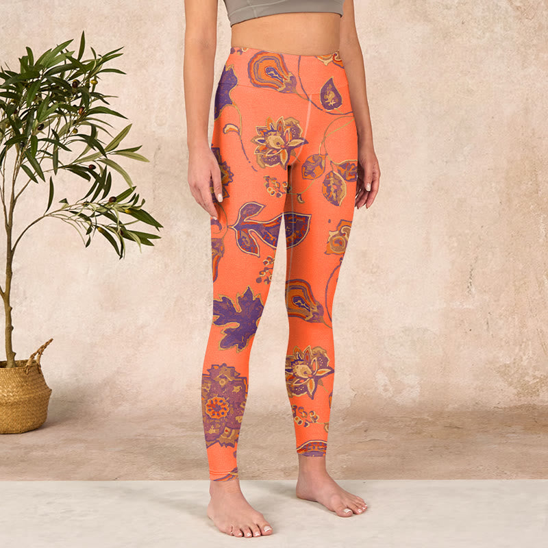 Orange Maple Leaves Flowers Print Gym Leggings Women's Yoga Pants