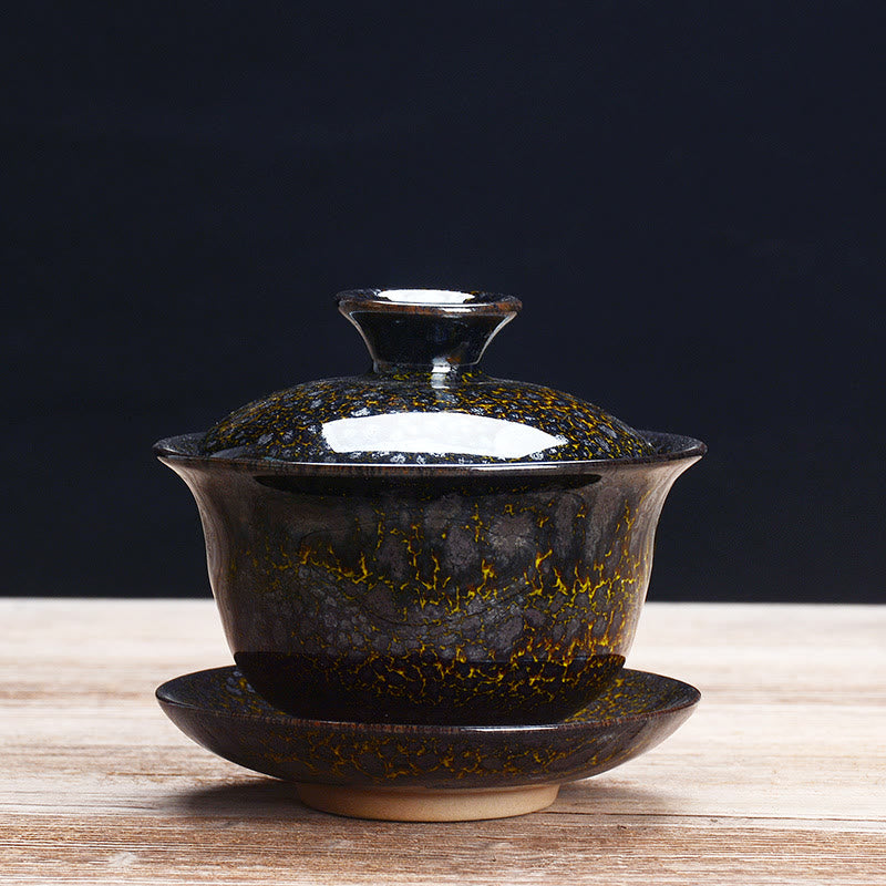 Vintage Kiln Change Design Ceramic Gaiwan Sancai Teacup Kung Fu Tea Cup And Saucer With Lid
