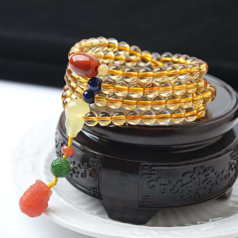 108 Mala Beads Natural Citrine Amber Peace Buckle Red Agate PiXiu Protection Charm Bracelet