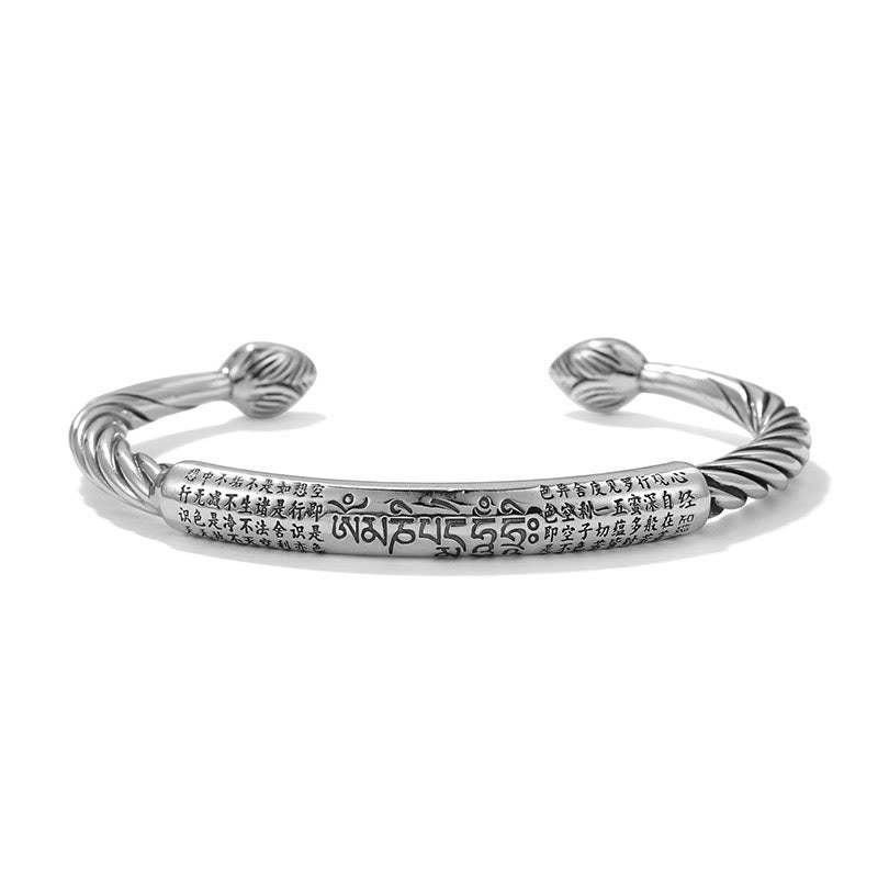 999 Sterling Silver Six True Words Heart Sutra Braided Design Lotus Protection Bracelet Bangle