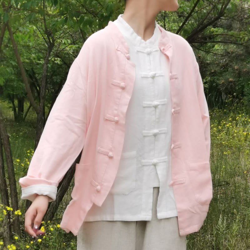 Solid Color Frog-button Long Sleeve Cotton Linen Women's Shirts With Pockets