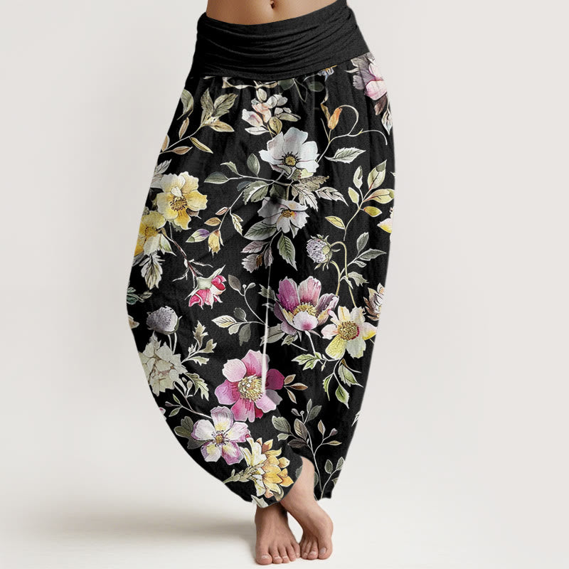 Elegant Flower Design Women's Elastic Waist Harem Pants