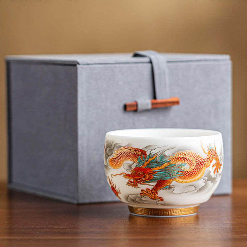 Dragon Phoenix Auspicious Clouds Ceramic Teacup Kung Fu Tea Cup With Gift Box