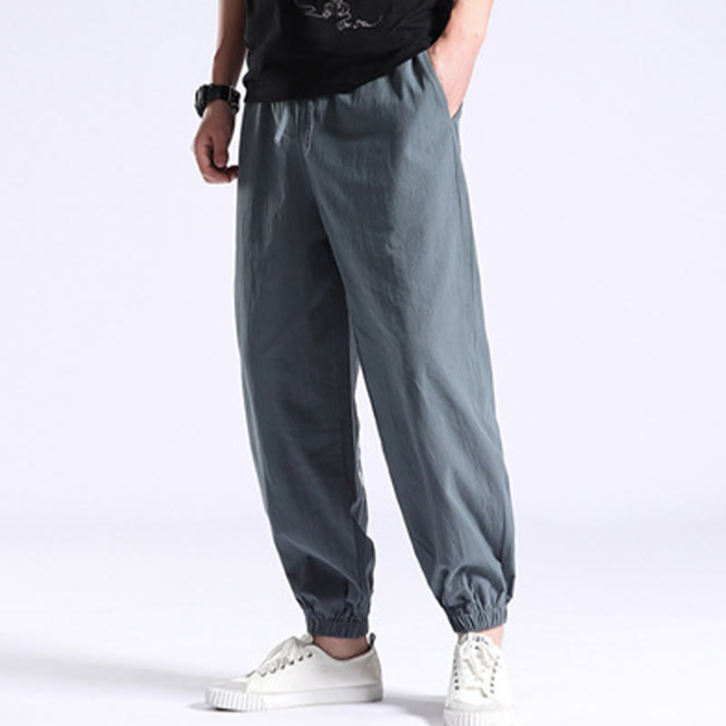 Solid Color Cotton Linen Casual Men's Harem Pants With Pockets