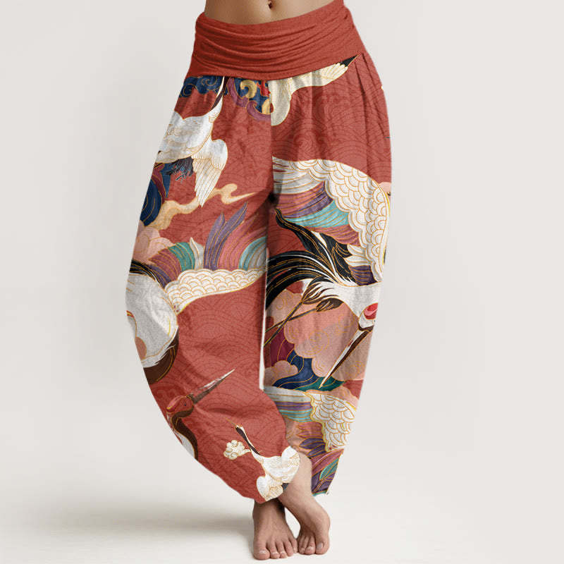 Red-crowned Crane Cloud Pattern Women's Elastic Waist Harem Pants