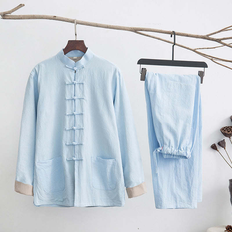2Pcs Zen Tang Suit Men's Linen Frog-Button Long Sleeve Shirt Pants Set