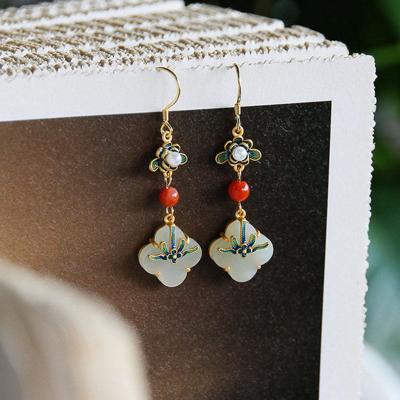 Lucky Four Leaf Clover Jade Abundance Copper Earrings
