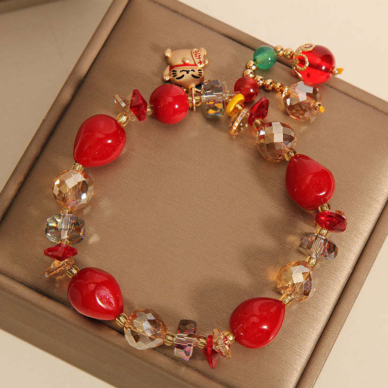Red Stone Lucky Cat Rabbit Fu Character Fortune Bracelet