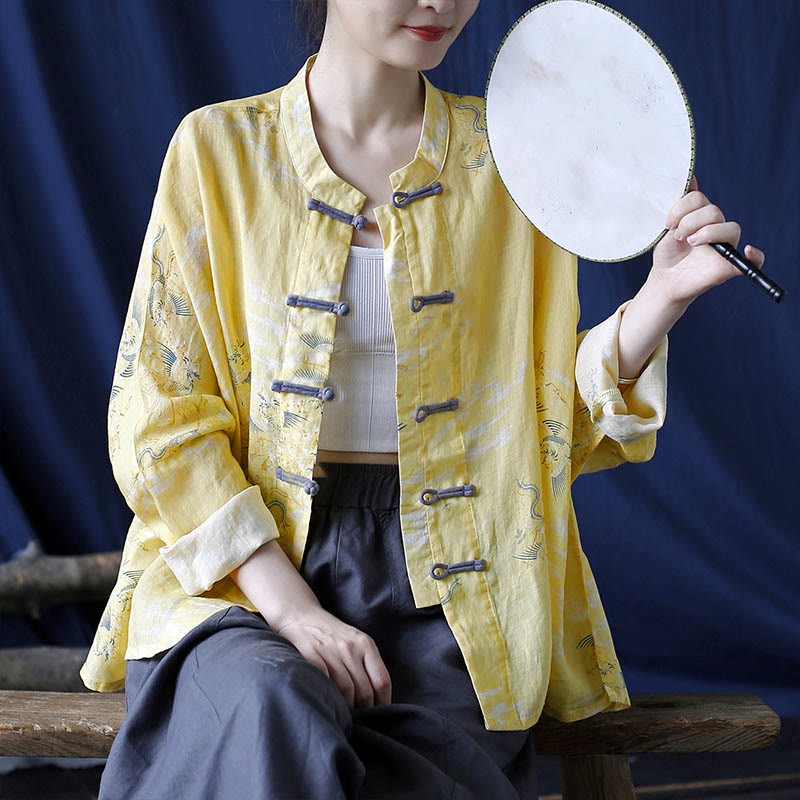 Yellow Phoenix Print Frog-button Design Long Sleeve Ramie Linen Jacket Shirt