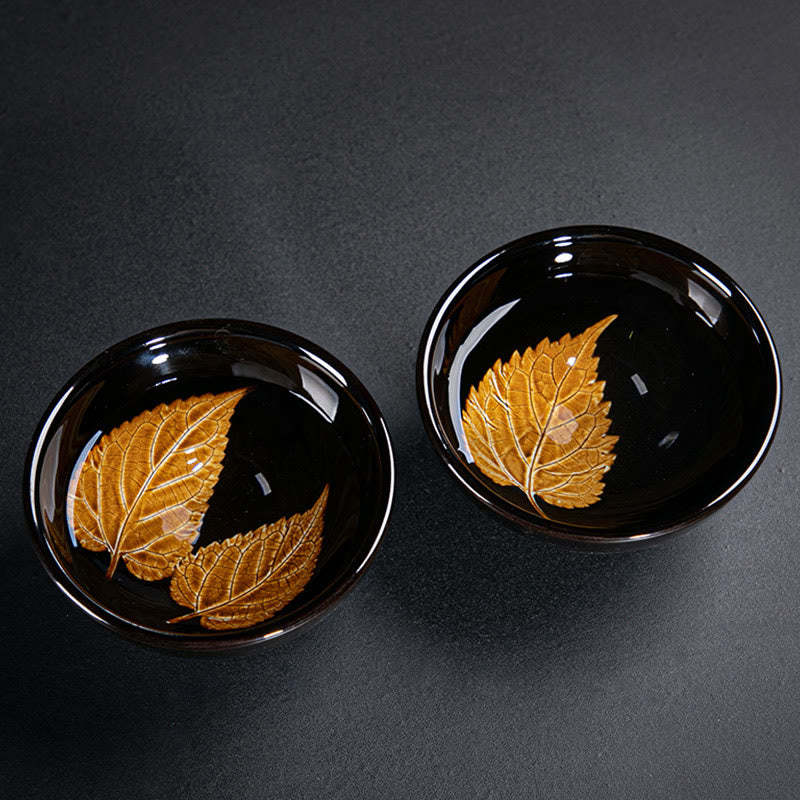 Gold Maple Leaf Chinese Jianzhan Ceramic Teacup Tenmoku Kung Fu Tea Cup Bowl