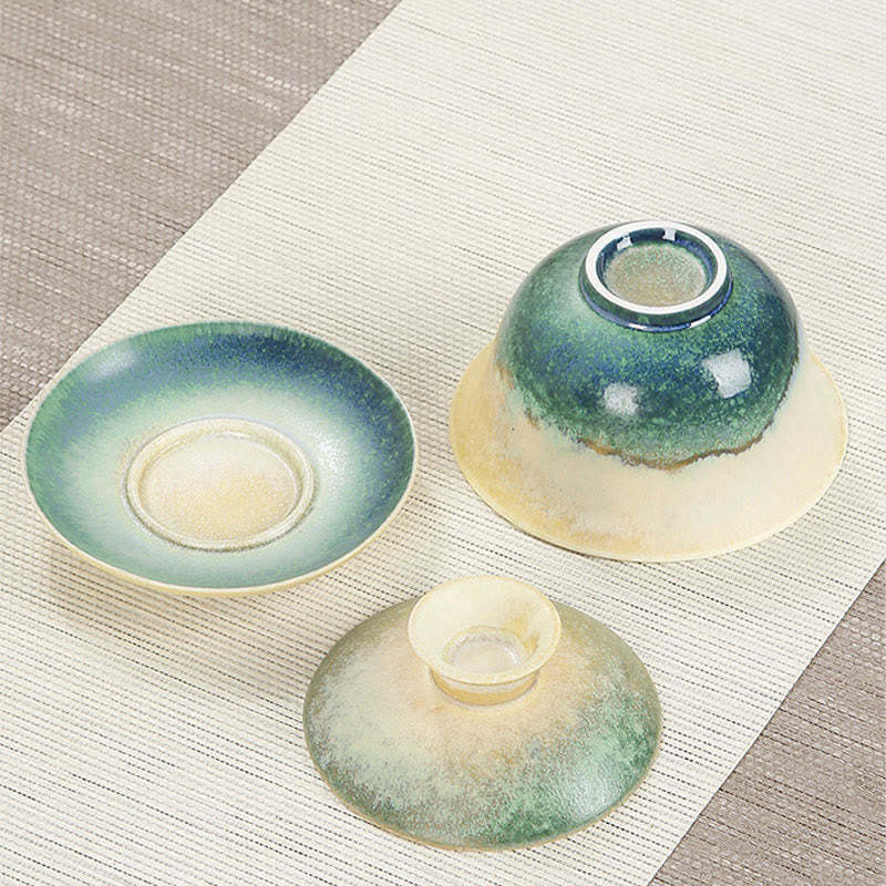 Green Ocean Waves Design Porcelain Ceramic Gaiwan Sancai Teacup Kung Fu Tea Cup And Saucer With Lid