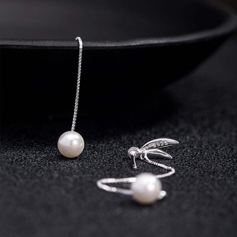 925 Sterling Silver Zircon Pearl Bamboo Leaves Protection Drop Earrings