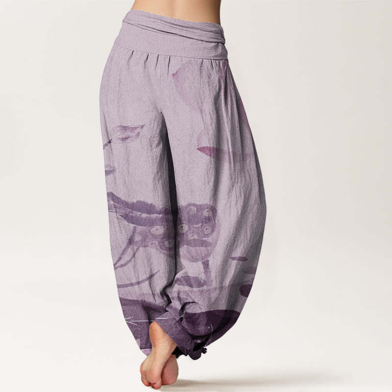 Ink Lotus Flowers Leaves Koi Fish Pattern Women's Elastic Waist Harem Pants
