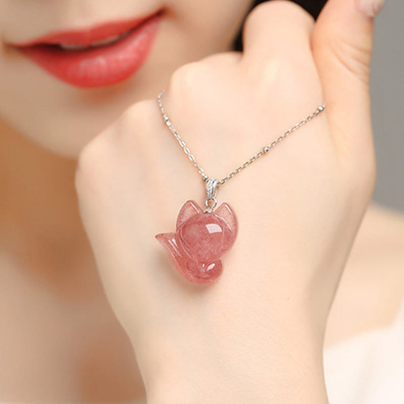 14k Gold Plated 925 Sterling Silver Strawberry Quartz Fox Healing Necklace Pendant