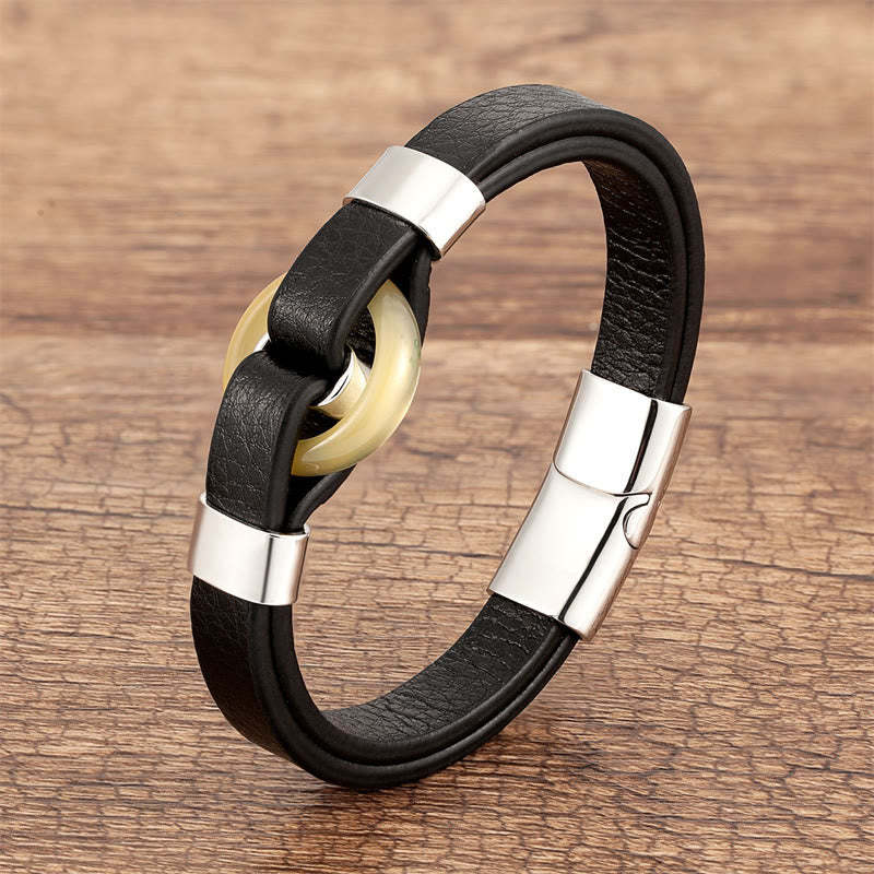 Round Green Aventurine Black Onyx Hematite Agate Rose Quartz Stone Balance Leather Magnetic Buckle Bracelet