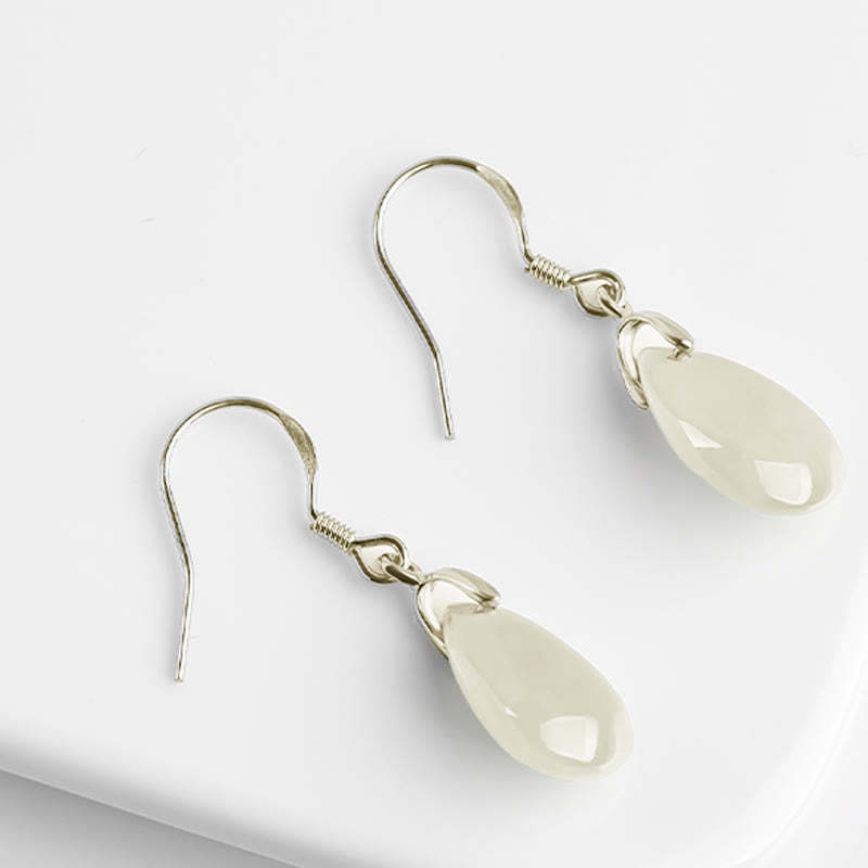 925 Sterling Silver Jade Water Drop Pattern Luck Prosperity Dangle Earrings