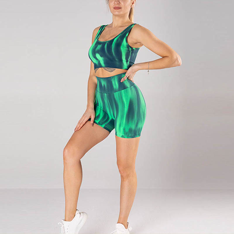 2Pcs Tie Dye Print Seamless Crop Top Bra Shorts Sports Fitness Gym Yoga Outfits
