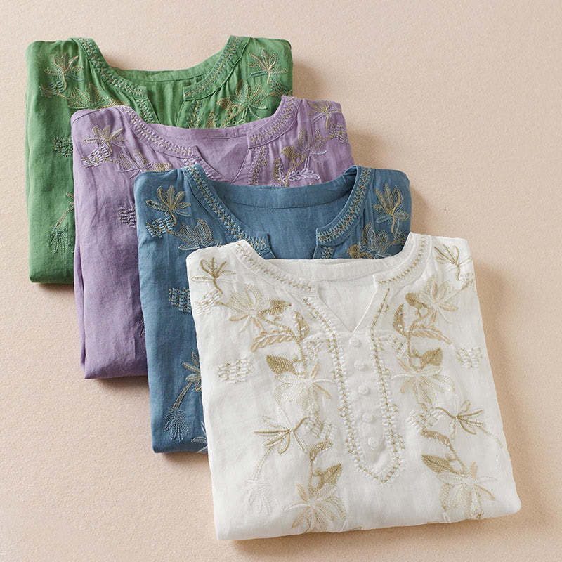 Casual Embroidery Plants Women's V-Neck Design Half Sleeve Cotton Blended Shirt