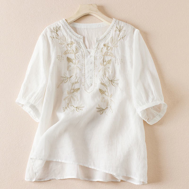 Casual Embroidery Plants Women's V-Neck Design Half Sleeve Cotton Blended Shirt