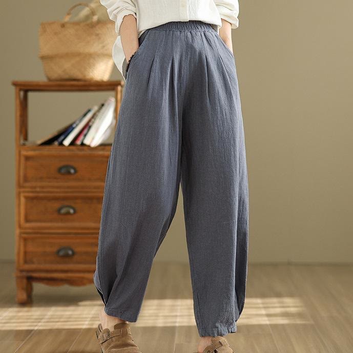 Casual Solid Color Tapered Elastic Waistband Cotton Linen Women's Pants With Pockets