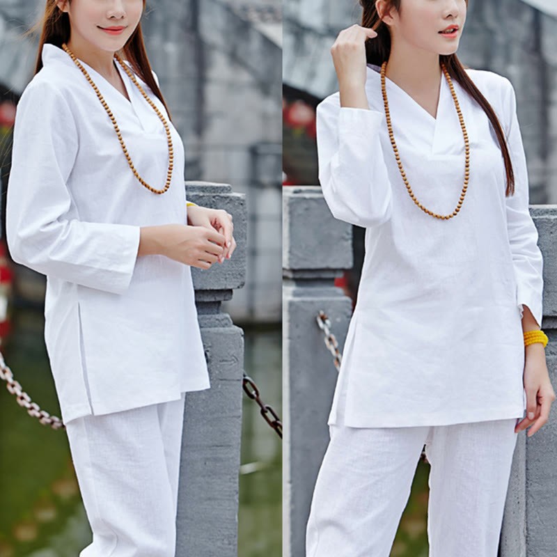 Zen Practice Yoga Meditation Prayer V-neck Design Uniform Cotton Linen Clothing Women's Set