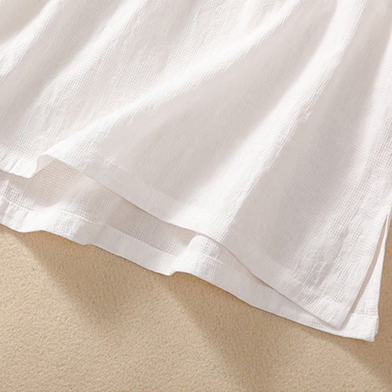 Plum Blossom Embroidery Frog-Button Short Sleeve Cotton Linen Shirt