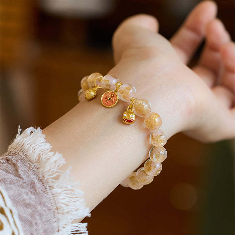 Gold Swallowing Beast Copper Coin Good Luck Charm Liuli Glass Bead Fortune Bracelet