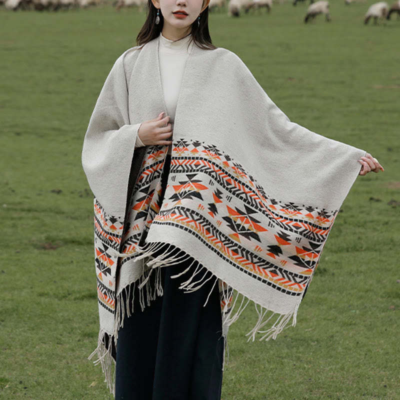 Tibetan Geometric Rhombus Pattern Tassels Shawl Fall Winter Warm Cozy Scarf Wrap