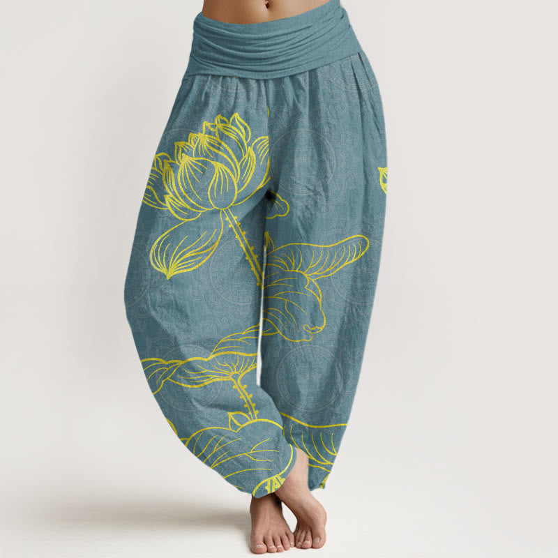 Golden Lotus Mandala Pattern Women's Elastic Waist Harem Pants