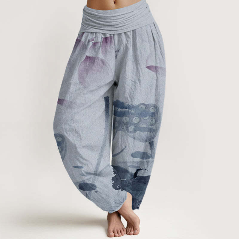Ink Lotus Flowers Leaves Koi Fish Pattern Women's Elastic Waist Harem Pants