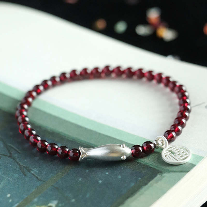 Garnet 925 Sterling Silver Fish Fu Character Purification Bracelet